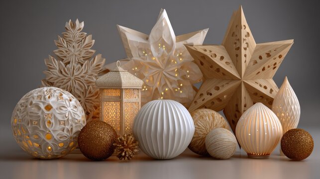 Scandinavian Christmas Decoration with Wooden Stars, Lanterns, and Warm Lights - Powered by Adobe