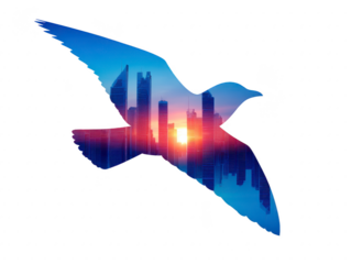 Double exposure silhouette of flying bird with modern city skyline and sunrise, symbolizing freedom, hope, and urban life in creative, artistic style