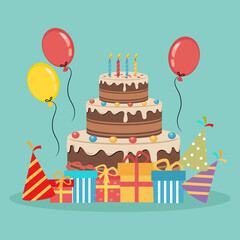 Birthday celebration with a large tiered cake, colorful presents, party hats, and balloons.