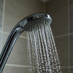 Modern chrome showerhead spraying clear water droplets, providing a refreshing and invigorating bathing experience in a clean bathroom environment ,stream ,contemporary ,chrome