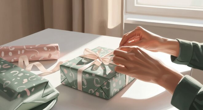 Wrapping a Gift A Person's Hands Tying a Ribbon on a Beautifully Wrapped Present by the Window