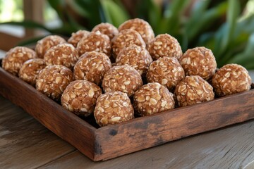 selective focus healthy almond snack bites arranged on tray