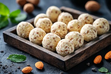selective focus almond energy bites on rustic tray