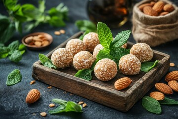selective focus homemade almond energy balls on wooden tray