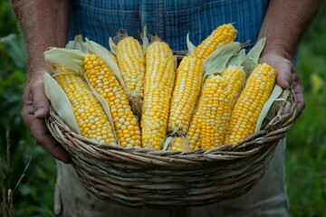 selective focus arm holding basket of freshly picked corn