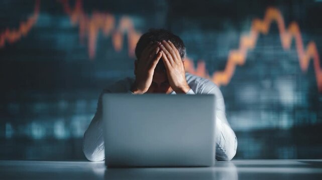 Financial Strain and Despair: A man sits dejectedly before a laptop, his hands clasped over his face amidst the backdrop of a downward-trending financial chart, symbolizing economic downturn.