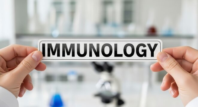 Immune system insight: Close-up of hands holding a sign that says Immunology , microscope and blurred science research in background.