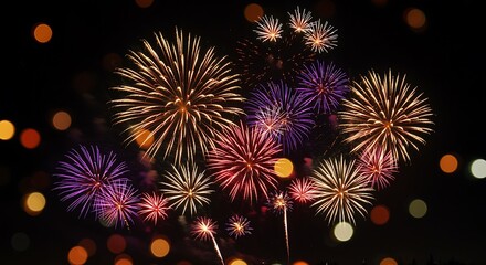 Fototapeta premium Colorful fireworks exploding in the night sky with bokeh lights
