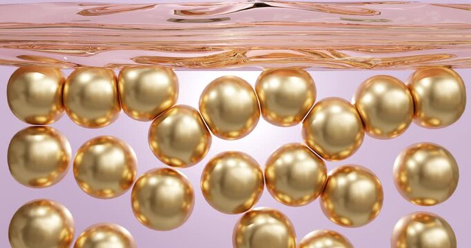 Collagen Replenishment with Rose-Gold Serum and Gold Spheres, Skin Firming Cosmetic Concept.