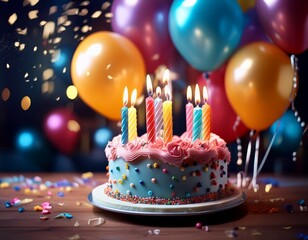 birthday cake with candles and balloons on it