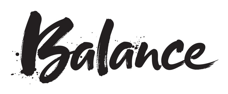 Bold black brushstroke calligraphy of the word 'balance' with artistic splatters for a dynamic and creative design.
