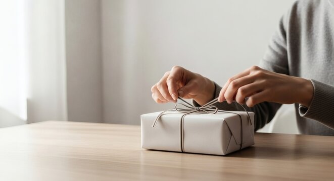 A person's hands carefully tying a ribbon on a gift box, symbolizing celebration and giving