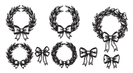 Black and white hand-drawn laurel wreaths and bows, featuring seven decorative designs with detailed outlines and shading.