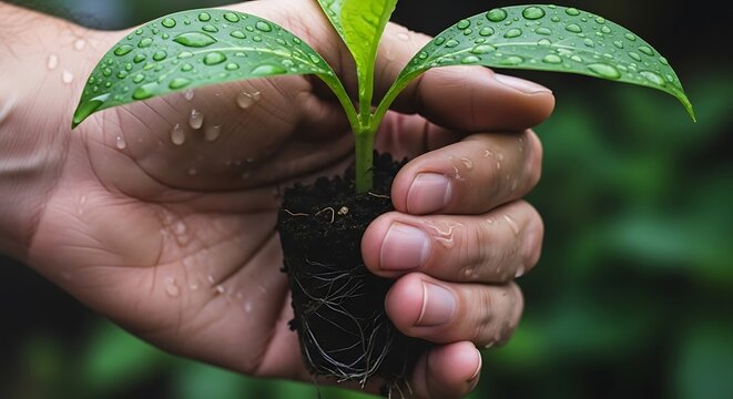 Hand Holding Wet Green Plant Seedling