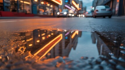 City Lights Reflected in a Rain Puddle
