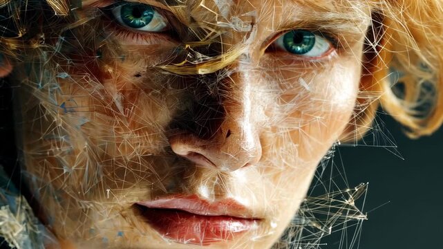 Expression of emotion captured through close-up portraits showing detailed features of a person with unique hair and striking blue eyes