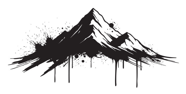 Black ink splatter art portraying a stylized mountain range with dramatic peaks and dynamic splash elements.