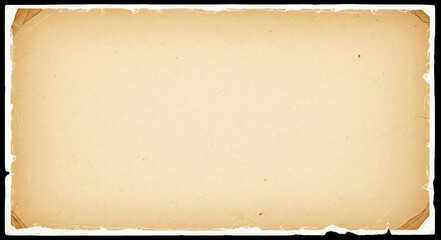 A close up of a rectangular piece of aged parchment paper with torn edges and a black background