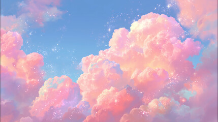 わたあめのような、明るいファンタジーな空の背景イラスト