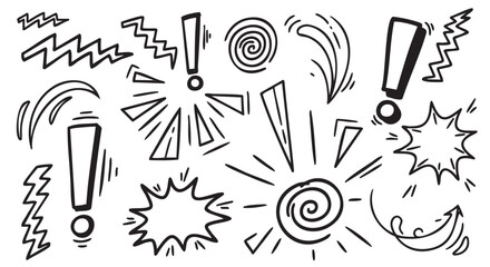 Various black doodle-style exclamation marks, spirals, and burst symbols arranged randomly on a white background.