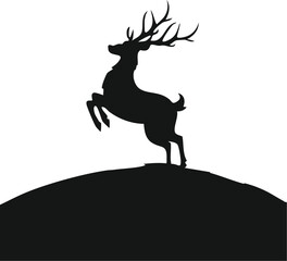 Silhouette reindeer jumping over snowy winter hills, minimal Christmas animal design