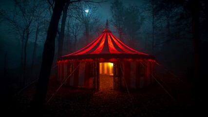 Red and White Circus Tent Glowing in Misty Moonlit Forest at Night