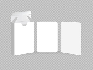 Open box of playing cards. 3d mockup of blank playing cards for poker and board games. Playing cards box mock up on white background with perspective view vector illustration 