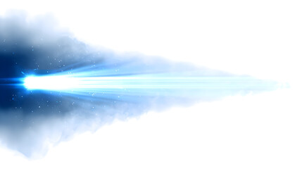 Bright blue energy beam erupting from a glowing light source, creating a smoky trail against a white background.