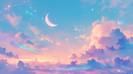 幻想的な夢の空、輝く三日月とパステルカラーの雲