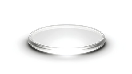 Clear, round glass lens with subtle reflections and soft shadow on a white background