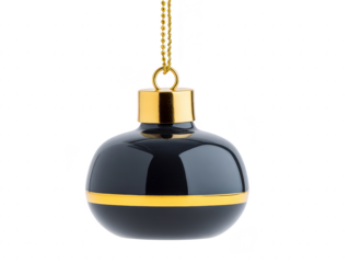 Black and gold round pendant with glossy finish, hanging on delicate gold chain, isolated on transparency background, elegant and modern jewelry accessory for fashion and style