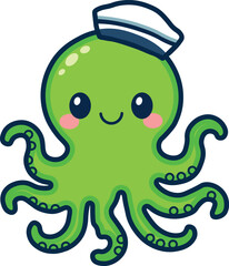 Adorable and whimsical cartoon illustration of a smiling octopus wearing a sailor hat, isolated on a white background