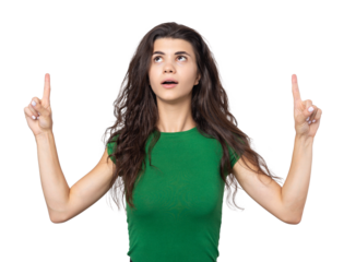 Happy young caucasian female in a shirt pointing fingers away