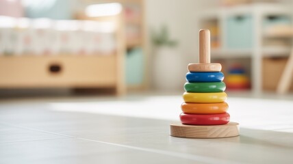 Early Learning, Childhood Concept. classic wooden toy like stacking rings sitting on a clean, light-colored floor. The background is a softly blurred. Represents childhood, learning, simplicity