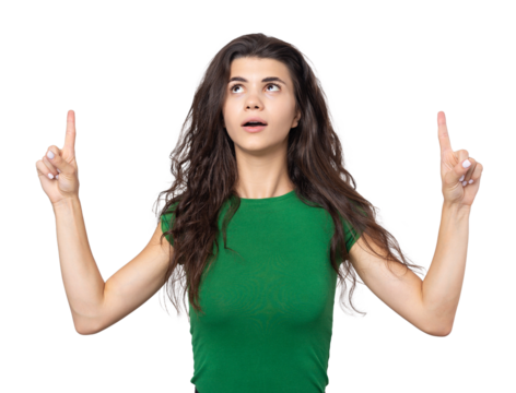 Happy young caucasian female in a shirt pointing fingers away