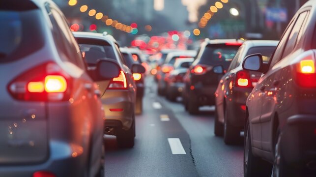 Traffic jam congestion on urban street at night with car tail lights and bokeh background for transportation