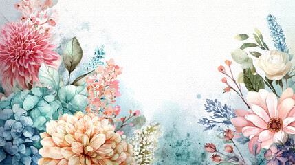 Exquisite Watercolor Floral Border with Pastel Blooms and Verdant Leaves on a Bright Background
