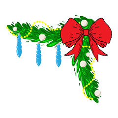 Christmas corner garland with pine branches, red bow, icicles, white baubles, and yellow beads. Festive vector for winter borders, cards, invitations, headers, party decor, website design