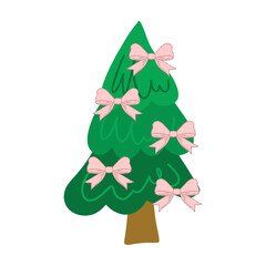Christmas tree decorated with pink bows. Cute festive pine vector for holiday cards, winter banners, invitations, kid's activities, seasonal design, and New Year decor.