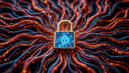 Modern Digital Lock Surrounded by Colorful Waves of Light Representing Data Security and Cyber Protection