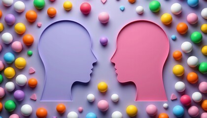 Colorful Abstract Human Silhouettes with Decorative Balls and Shapes on a Purple Background