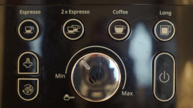 Coffee Machine Control Panel Pressed, Selecting Brewing Options for Drink.
