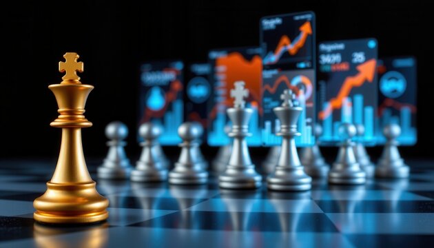 Golden chess king piece in front of silver pawns and financial growth charts on a modern chessboard
