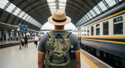 Man wearing a hat and backpack looking at a train at a station