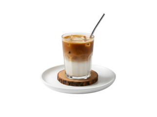 Iced latte coffee served on wooden plates against a white background, showcasing an isolated concept.

