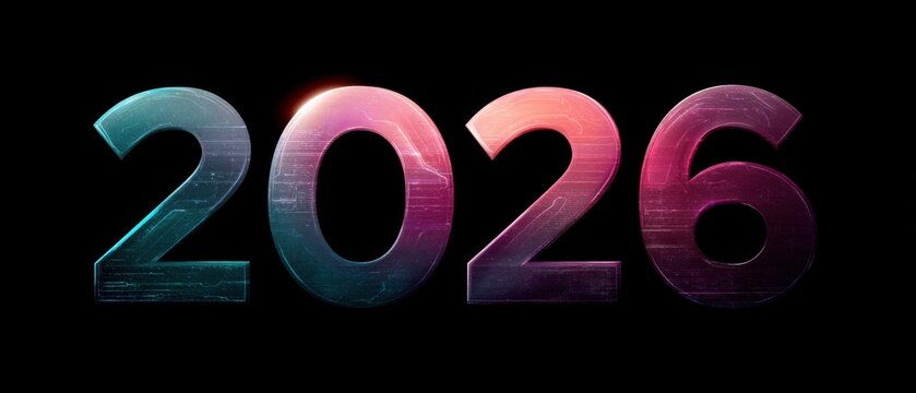 Colorful glowing 2026 typography on dark background. Futuristic gradient design symbolizing new year, innovation, progress, and creative digital future concept