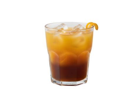 Chilled black coffee mixed with orange juice, set against a white background.

