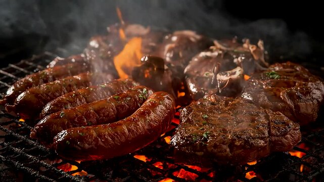 Sizzling Grilled Sausages and Juicy Steaks with Flames on Charcoal Barbecue Grill