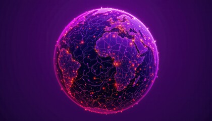Abstract Digital Globe with Network Connections and Glowing Lights in Purple Background