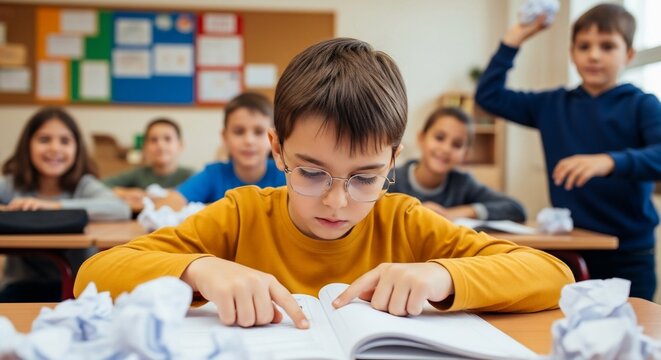 Focused young boy reading a book in a classroom setting, surrounded by crumpled paper balls tossed by other students